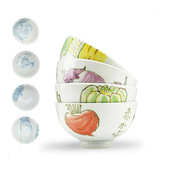 Set of 4, Japanese Porcelain Ceramic Two-sides Hand Painted Motifs Serving Bowls F15714