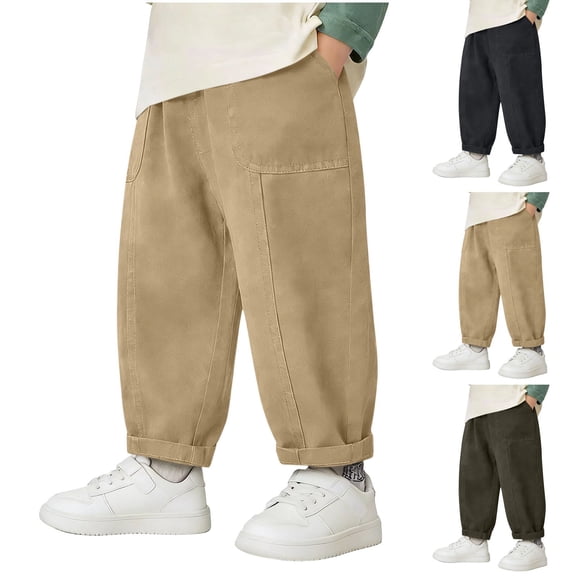Boys Cargo Trousers, Boys Elasticated Waist Cotton Baggy Pants with Pockets for 1-10 Years Kids Khaki 9-10 Years