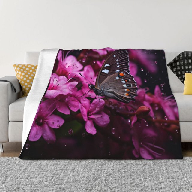 Balery Pink Blossoms Butterfly Manta de Franela con Dibujo, Lujo Ultra Suave y Cálido, Antipelusa y Resistente a las Arrugas para Cama, Sofá, Camping -40"x30"