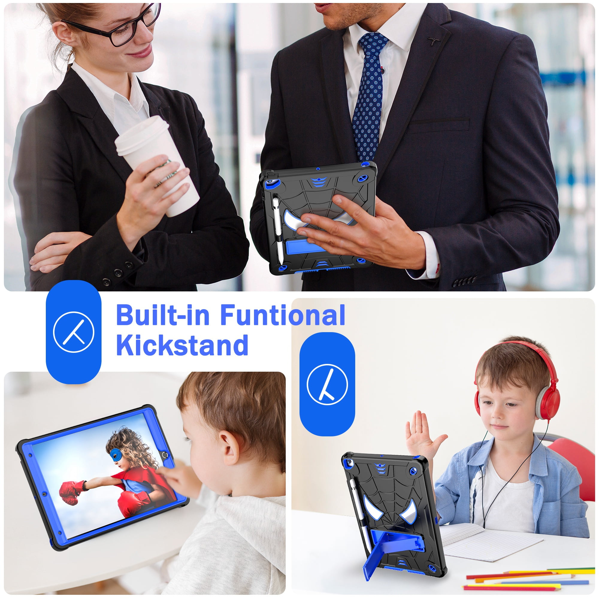 ELEHOLD Kids Case for iPad 9th/8th/7th Gen 10.2" 2021/2020/2019, Heavy Duty Rugged Cover with Foldable Kickstand Crossbody Shoulder Strap Pencil Holder Shockproof Case for iPad 10.2",Black+Blue