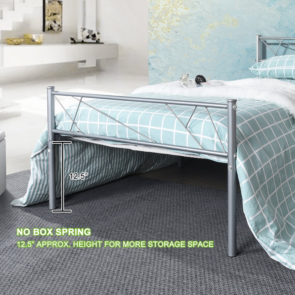 Geniqua Twin Size Bed Frame Steel Silver Foundation Classic Headboard Footboard Foundation Tool Free No Box Spring Needed