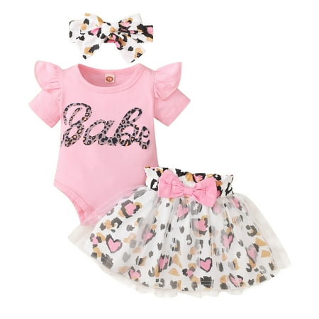 

Girls Short Sleeve Letter Romper Bodysuits Leopard Printed Tulle Skirt Headbands Outfits