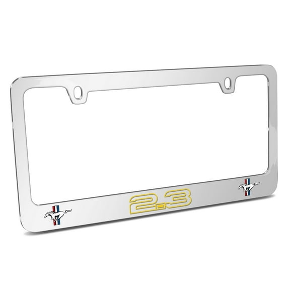 Ford Mustang 2.3L EcoBoost Outline in Yellow Dual Logo Chrome Metal License Plate Frame