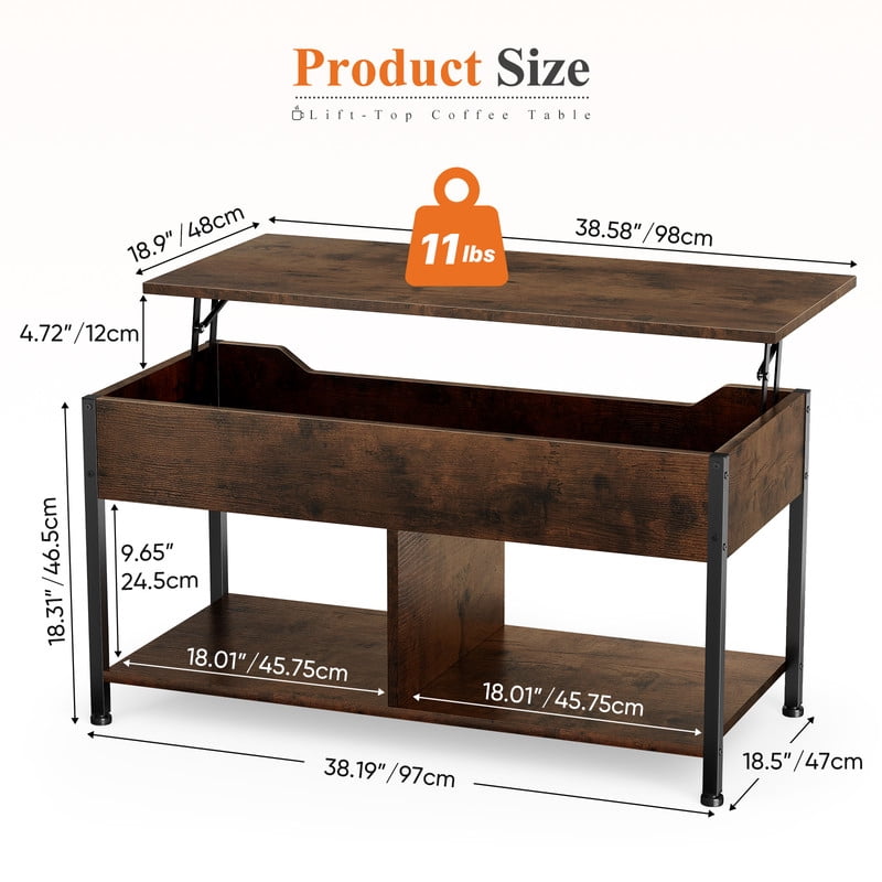 Gianna Lift Top Coffee Table with Storage 39" Center Table with Hidden Compartment & 2 Shelves Farmhouse, Wood Coffee Table for Living Room with Sturdy Lift-Top Adjustable Feet，Brown