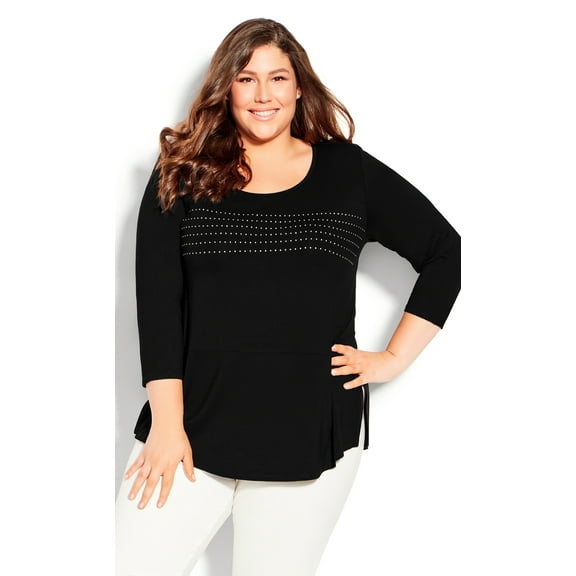 Avenue Women's Plus Size Heat Stud Plain 3/4 Sleeves Relaxed Top - Black
