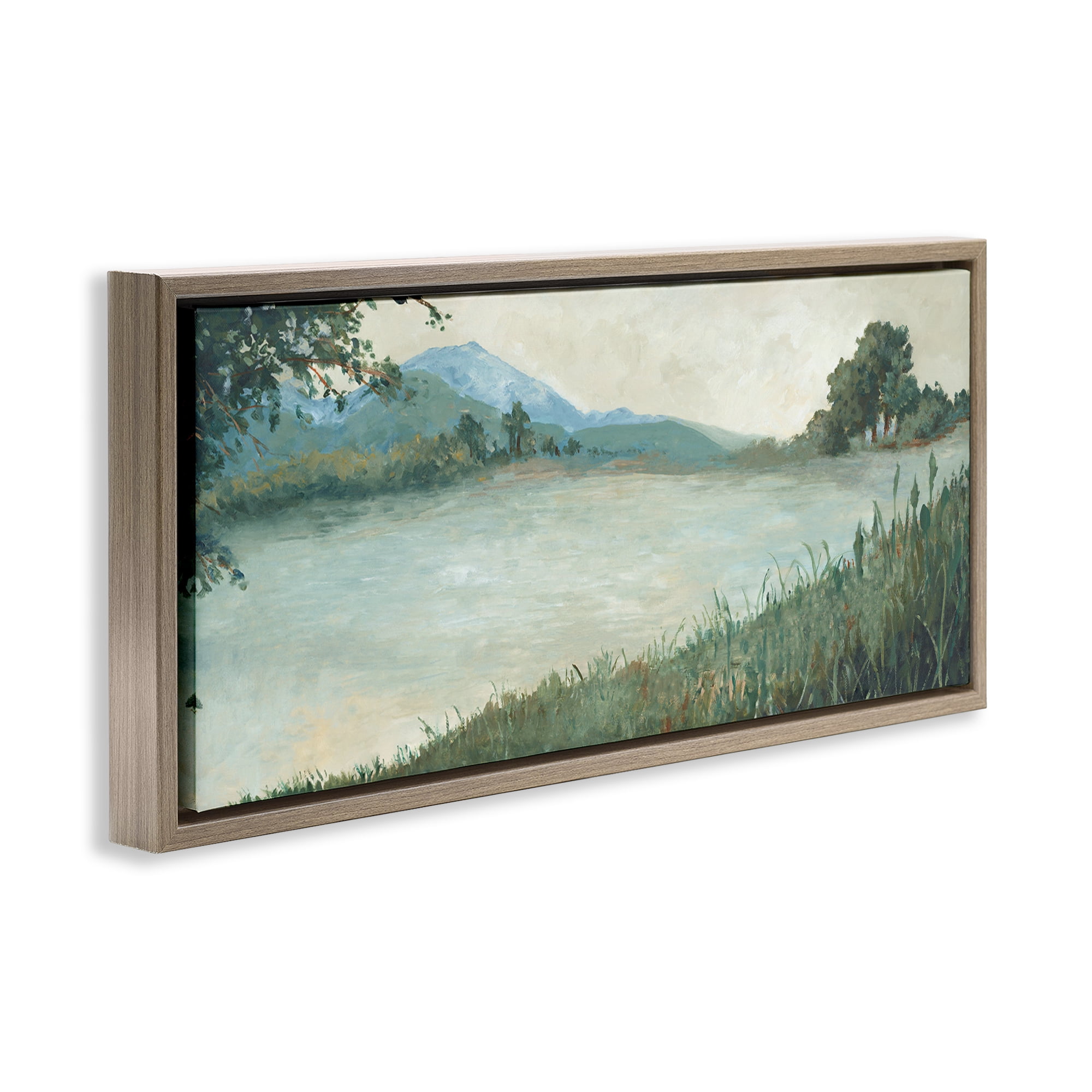 Stupell Industries Grasses by Scenic Lake Landscape & Nature Painting Brown Floater Framed Canvas Art Print Wall Art, 31 x 14