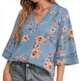 thumbnail image 1 of Camiseta de Verano para Mujer, Elegante, Informal, con Mangas 3/4, Cuello en V, Estilo Étnico Bohemio y Estampado Acampanado. Azul L, 1 of 7