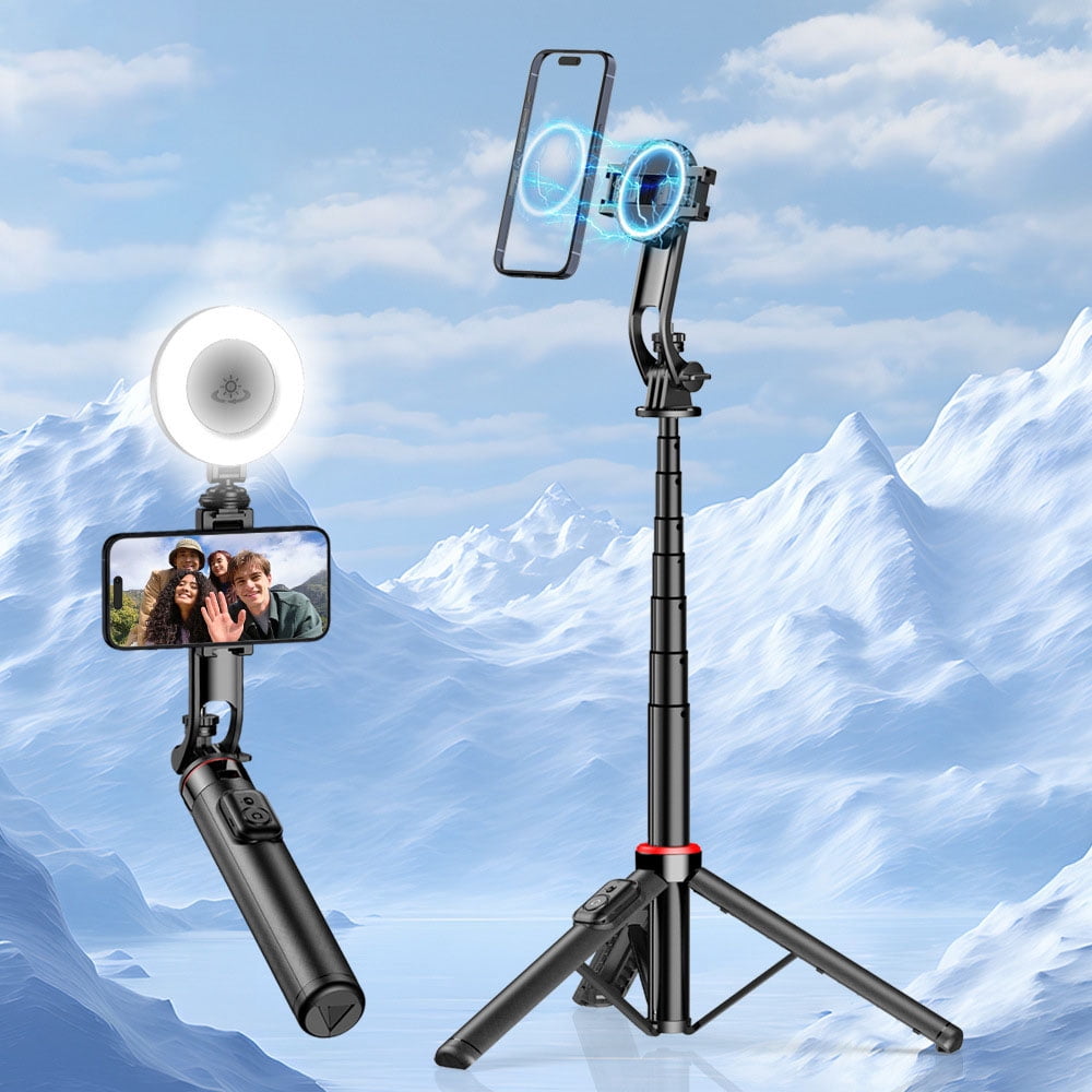 Magnetic Selfie Stick Tripod with Wireless Remote ,Fill Light,All-in-One Phone Tripod Extendable Phone Stand Tripod