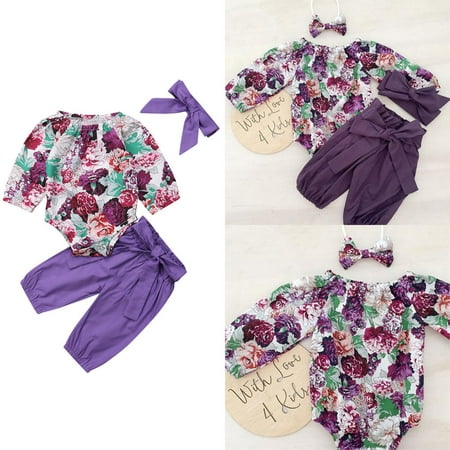 

3Pcs Newborn Baby Girl Floral Clothes Set Jumpsuit Long Sleeve Romper Bodysuit Top+ Floral Pants+ Bownot Headband Outfits 0-24M