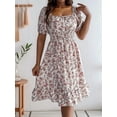 thumbnail image 5 of Women's Short Sleeve Floral Print Square Neck Tie Waist Ruffled Hem Midi Dress for Summer Casual White S, 5 of 8