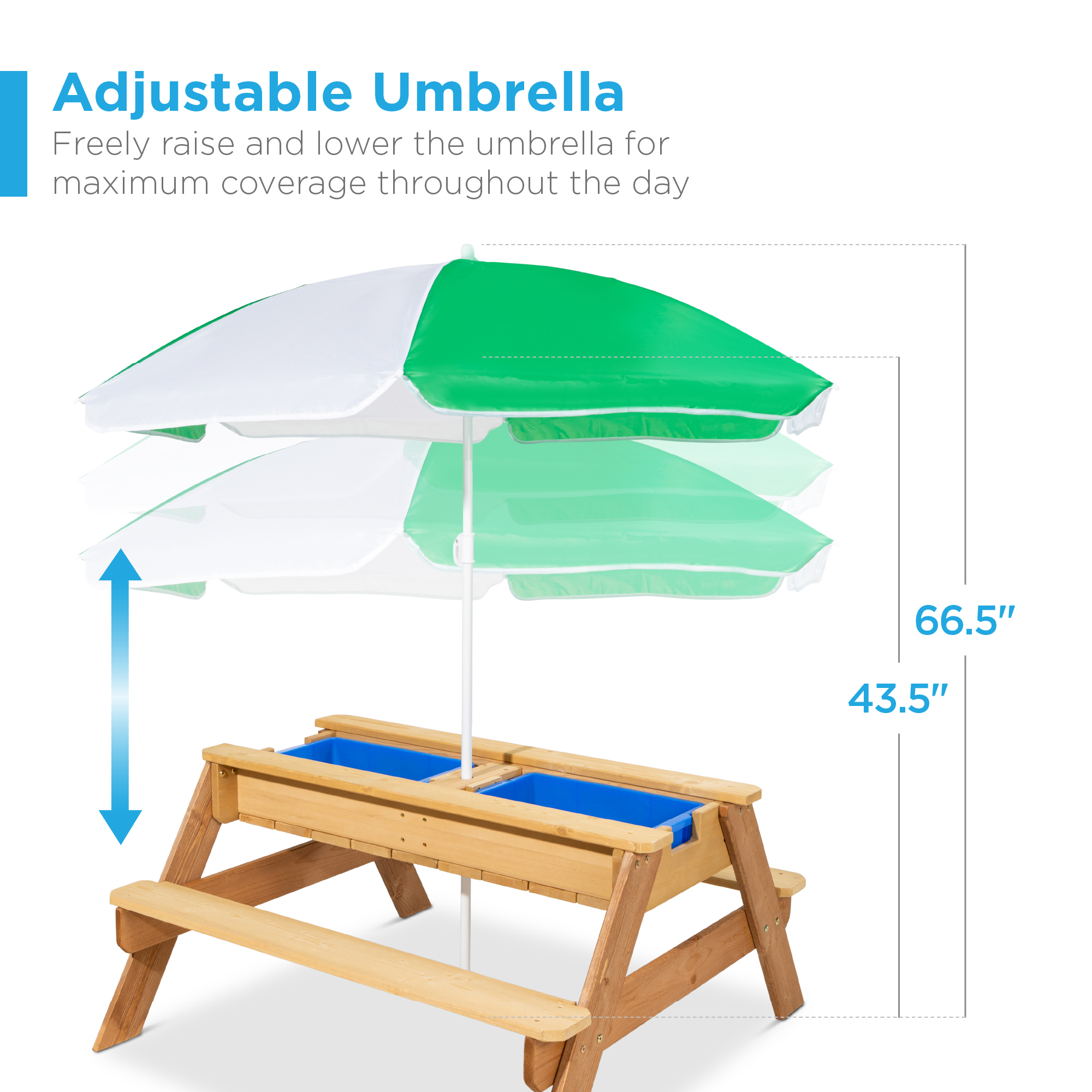 Best Choice Products Kids 3-in-1 Outdoor Convertible Wood Activity Sand & Water Picnic Table w/ Umbrella - Green - image 5 of 8