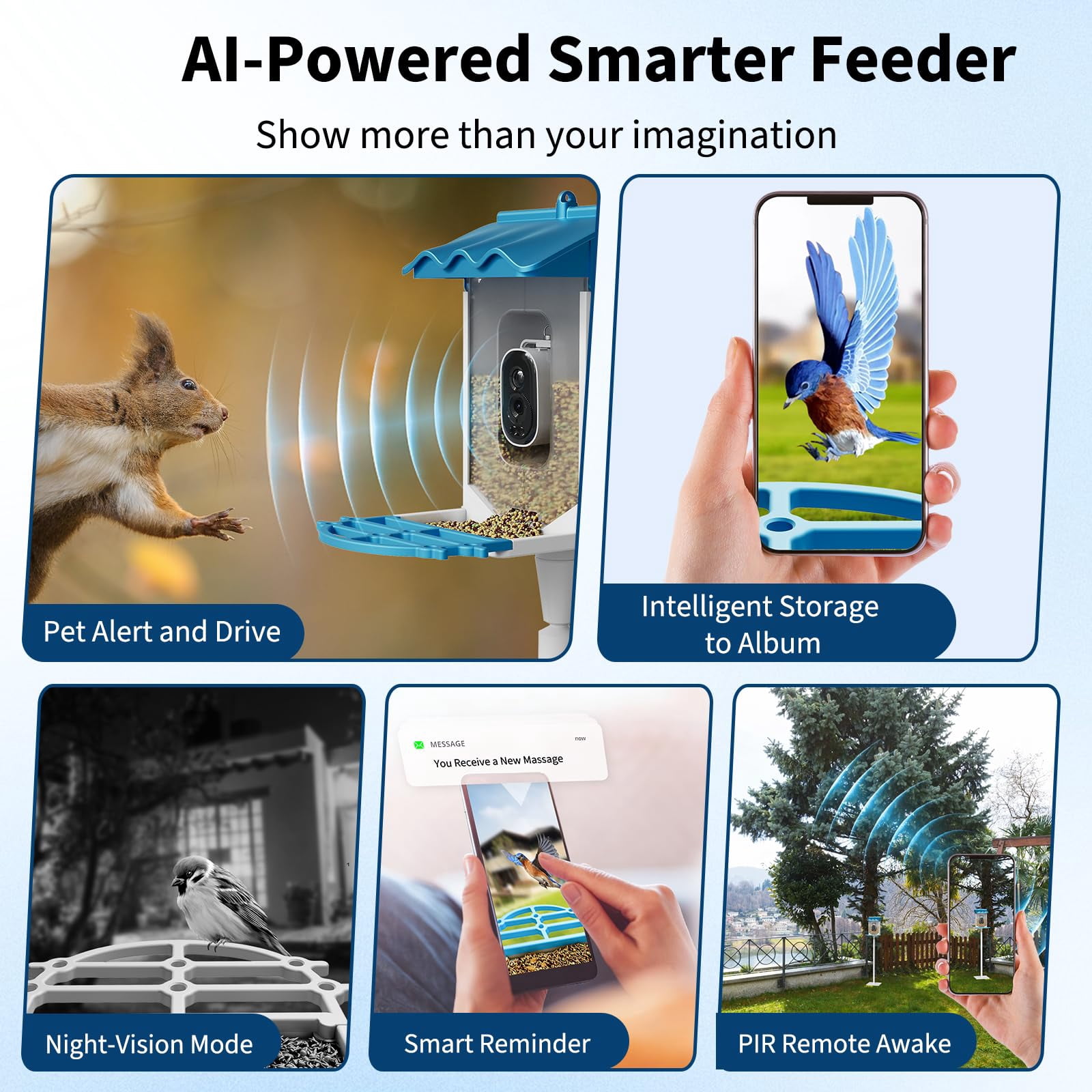 Solar Smart 4K Bird Feeder with AI Recognition - 2L Capacity with Night Vision & Auto Photo/Video Capture, Squirrel Deterrent & App Alerts for Bird Watching, Blue