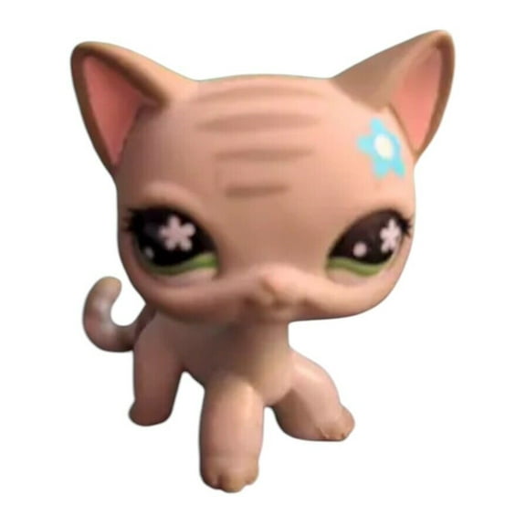 Littlest Pet Shop # 483 Gray Short Hair Teal Flower Cat Green Eyes New
