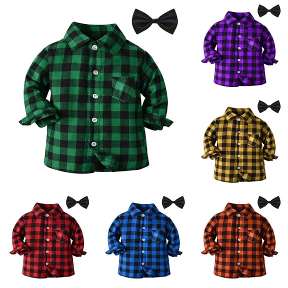 HCYSFG Boys Plaid Shirt And Bow Tie Set Notch Neck Button Front Long Sleeve Classic Dress Top Special Occasion Party Formal Outfit Set