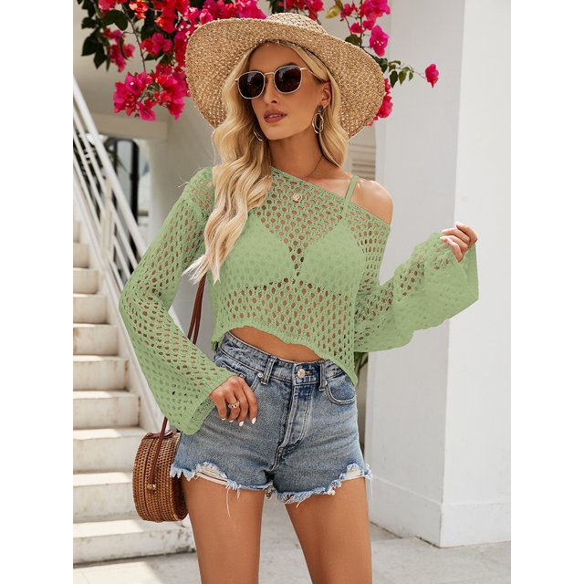 2023 Primavera y novedad de verano, suéteres de punto europeos y americanos, blusa corta con mangas acampanadas, suéter de punto con huecos para mujer