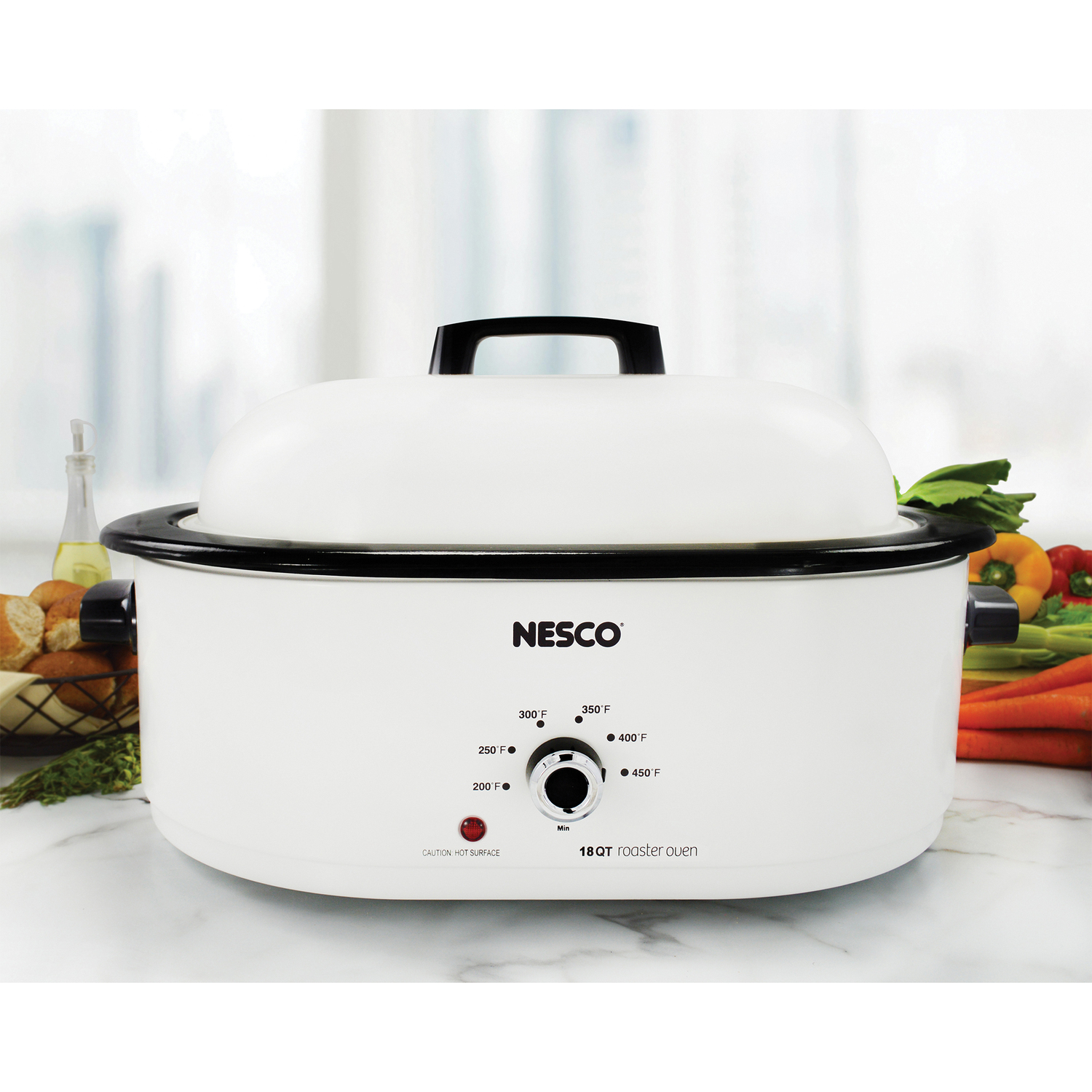 NESCO 18-Qt. 1,450-Watt Roaster with Porcelain Cookwell (White)