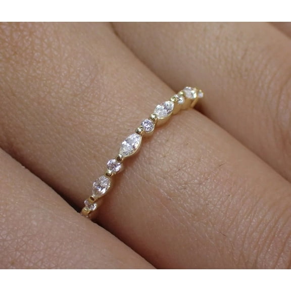 vylahjewellery Delicate 14K Yellow Gold Diamond Anniversary Ring Marquise and Round Stackable Wedding Band Handmade Jewelry for Her Everyday Wear Engagement Rings