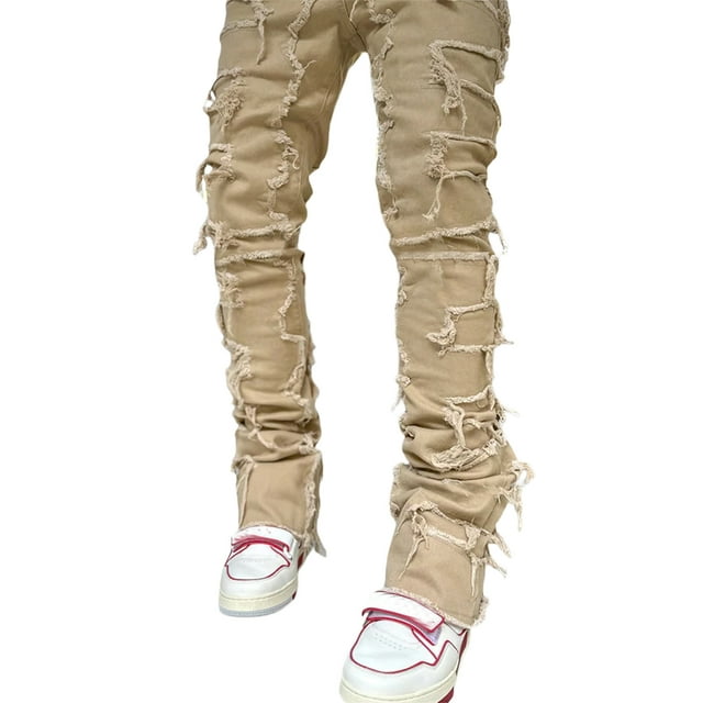 Fortune Men's Straight Leg Jeans Stacked Denim Jeans Ripped Distressed Destroyed Biker Jean Washed Denim Pants Streetwear Clothes