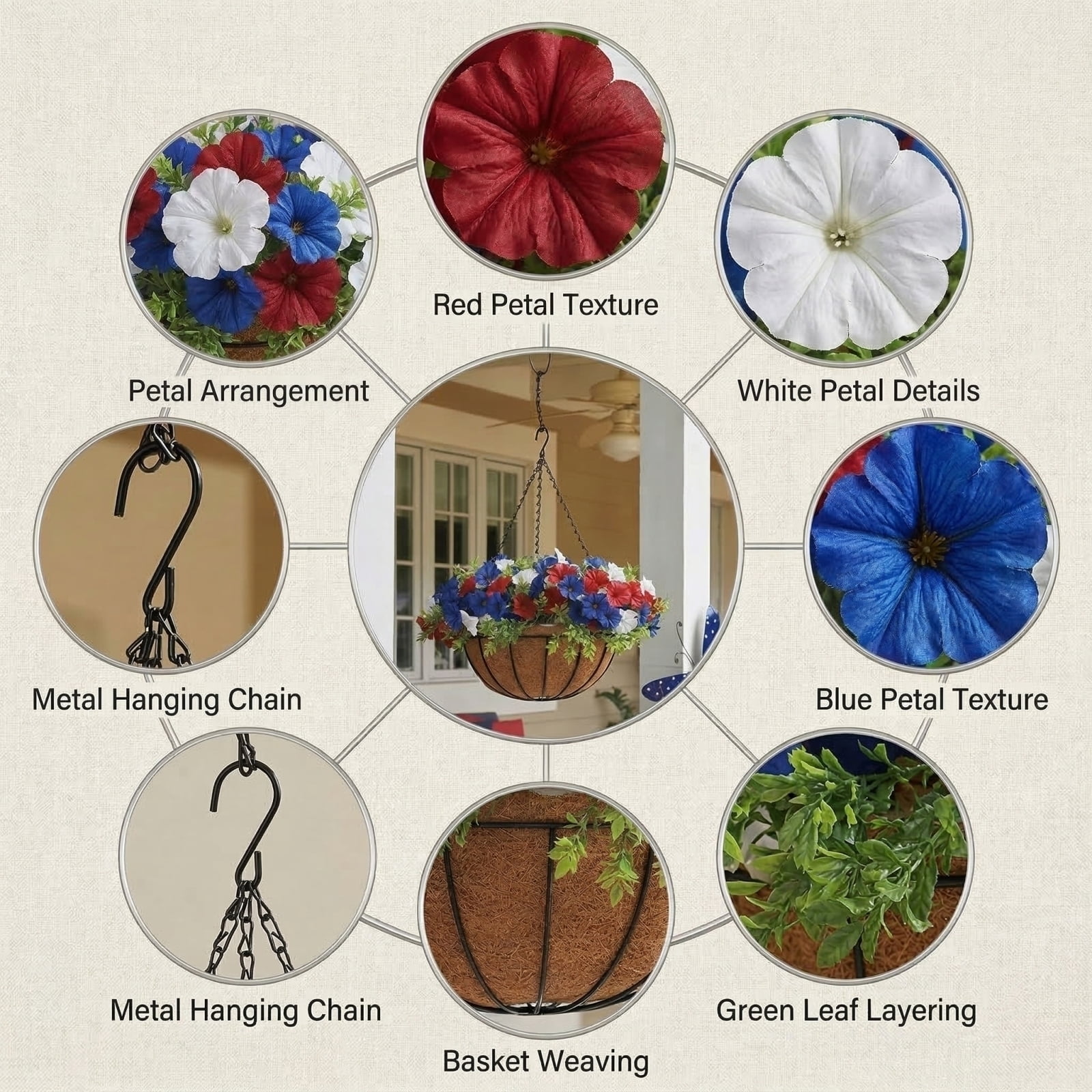 4th of July Hanging Flower Basket with Artificial Flowers, Patriotic Red White Blue Faux Hanging Planter for Porch Garden Patio Balcony Independence Day Home Decor 250th Anniversary Decorations