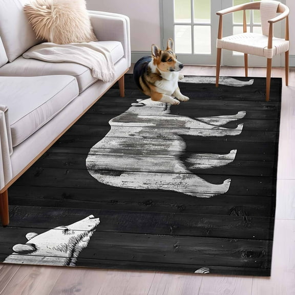 Black White Bear Area Rug 3x5 Washable Rug Non Slip Farmhouse Country Vintage Wood Grain Large Area Rug Indoor Floor Carpet for Entryway Bedroom Kitchen Living Room Home Office Dining Room Nursery