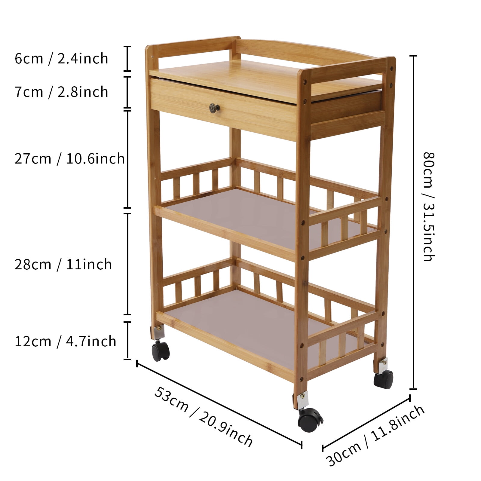 3 Tier Bamboo Kitchen Serving Cart, Rolling Kitchen Island Cart with Storage Drawer, Universal Lockable Casters, Anti-Slip Nets, Food Prepping Cart for Home Dining Room Hotel