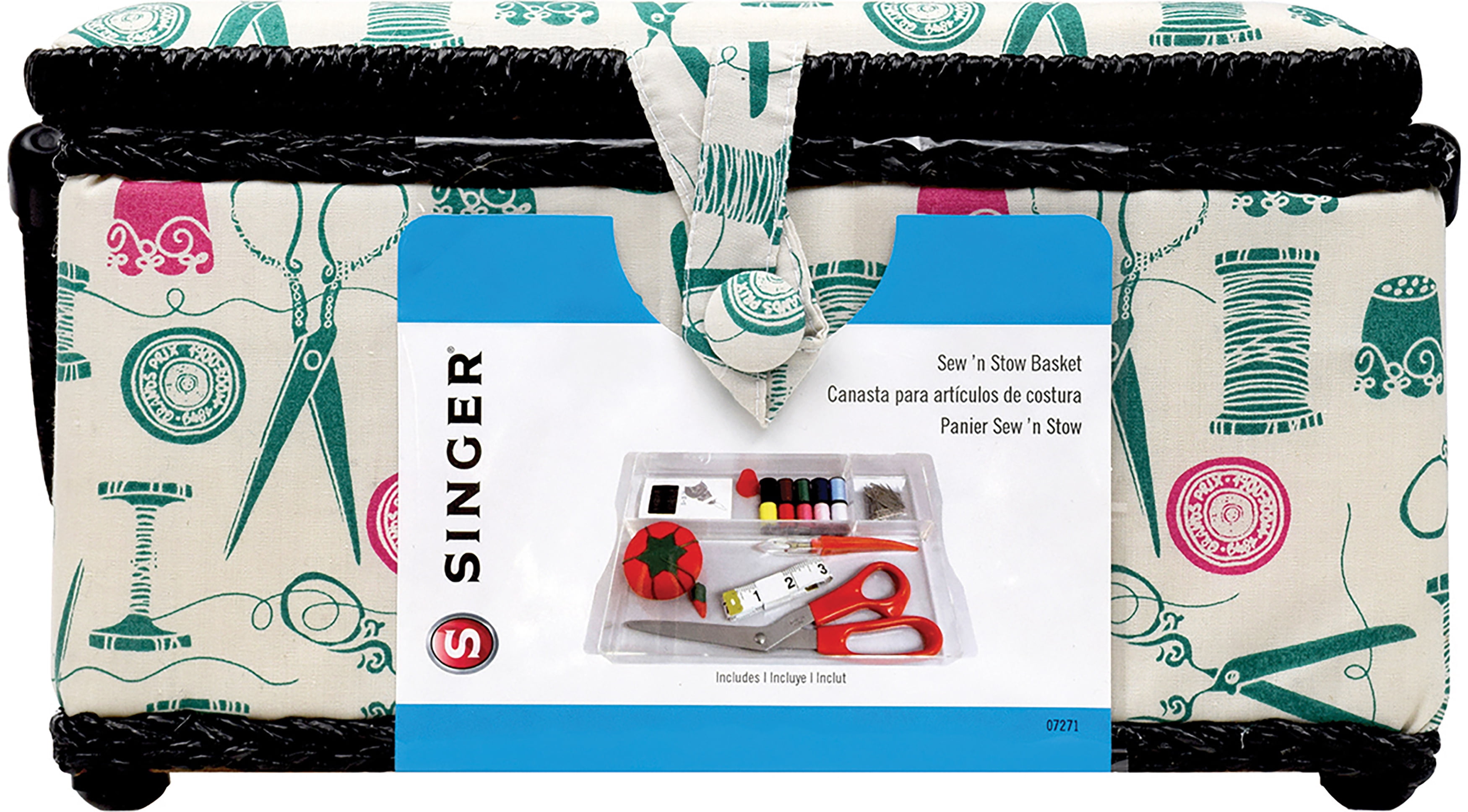 SINGER Large Sewing Basket with 127-Piece Sewing Kit, Vintage Spools Print