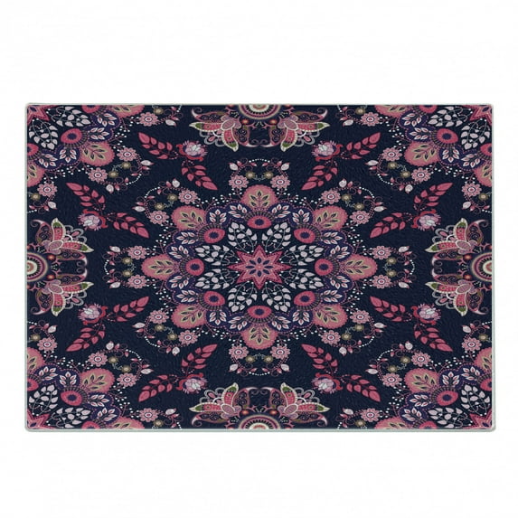 Ethnic Cutting Board, Spring Nature Blossoms Abstract Traditional Style Exotic Fantasy, Decorative Tempered Glass Cutting and Serving Board, Small Size, Indigo Pink Pale Pink, by Ambesonne