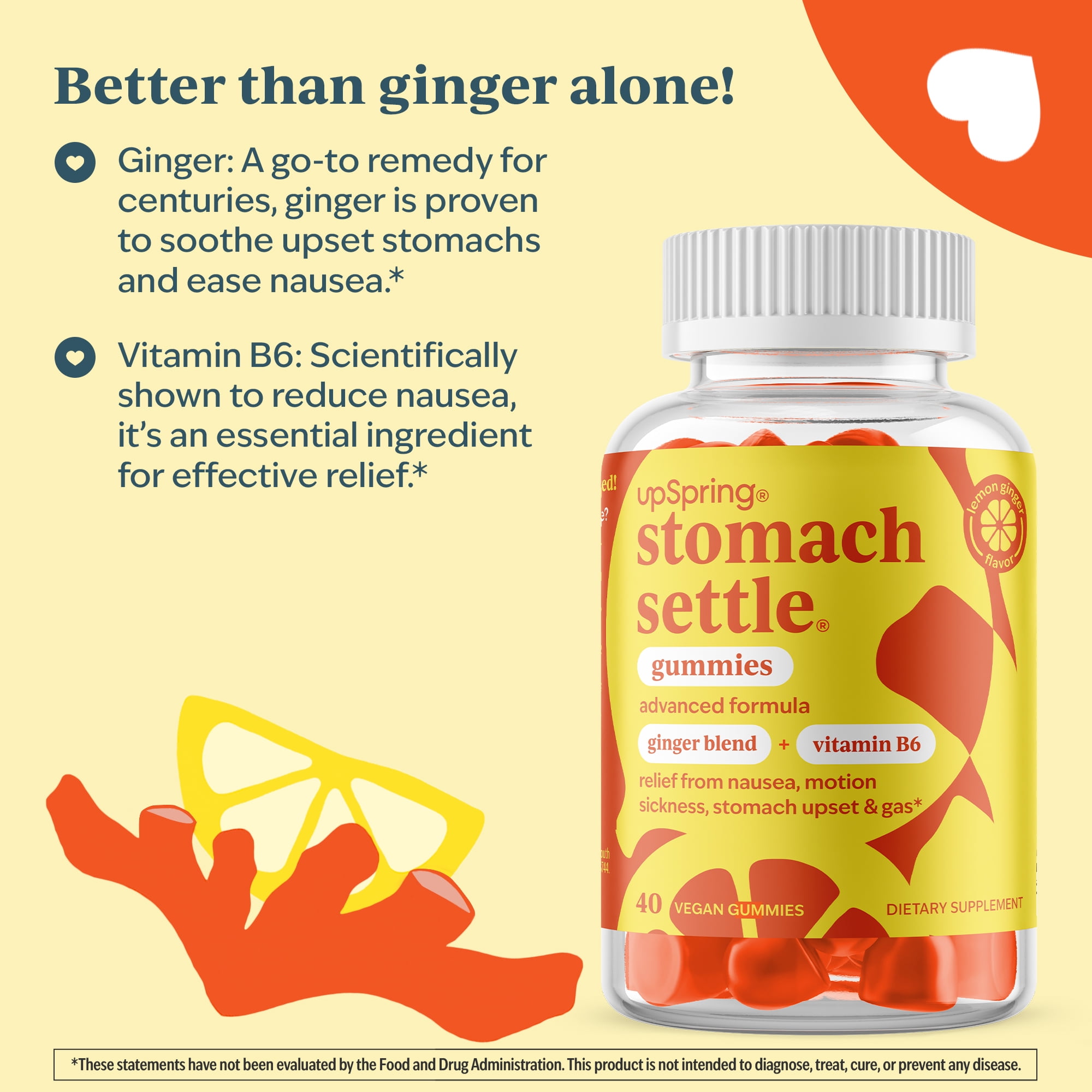 UpSpring Stomach Settle Gummies, with Vitamin B6, Lemon Ginger Flavor, 40 Count