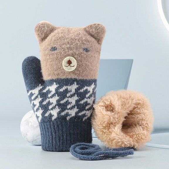 Dyfzdhu Children Warm Gloves Windproof Thickened Mitten Cute Plush Kids Gloves Dark Blue
