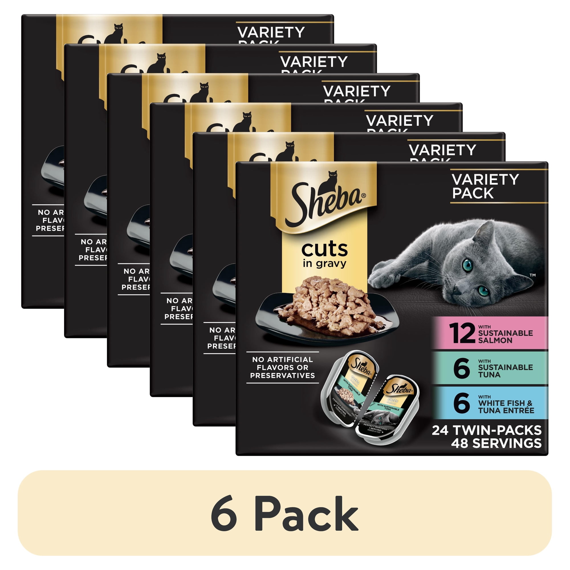 (6 pack) Sheba Wet Cat Food Cuts In Gravy Variety Pack Gourmet Salmon Signature Tuna And Delicate White Fish & Tuna Entrées (24) 2.6 Oz. Perfect Portions Twin Pack Trays