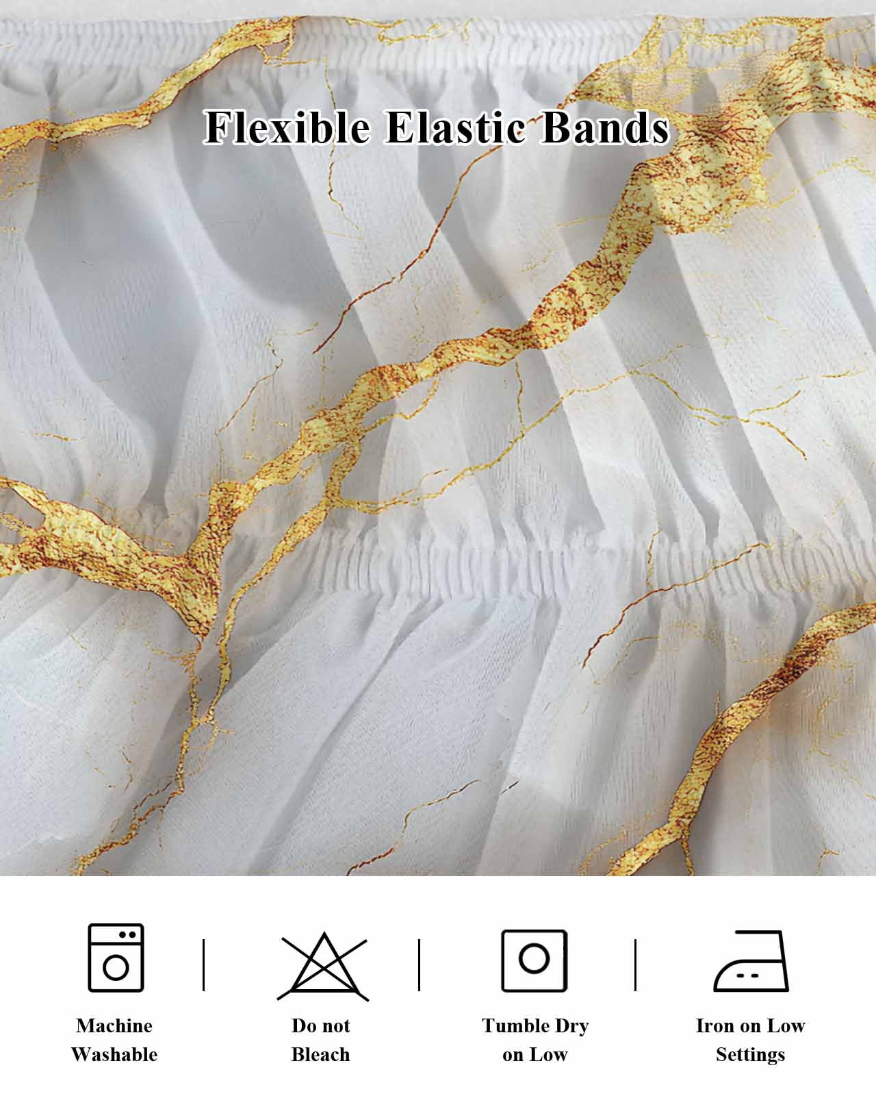 Marble Grey Bed Skirt Queen Size, Gold Texture Modern Crack Scenery Wrap Around Bed Skirting with Adjustable Elastic Strap, Dust Ruffle Pleated Bedskirts 16 Inch Drop for Bedroom Queen Beds