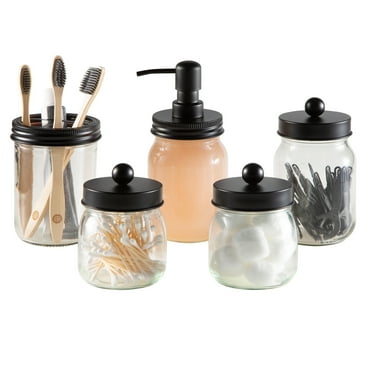 Home-Complete 5-Piece Mason Jar Bathroom Accessories Set with Lids (Black)