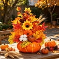 thumbnail image 7 of Artificial Sunflower and Pumpkin Table Decor, Realistic Faux Floral Pumpkin Ornament, Fall Desktop Centerpiece, Seasonal Autumn Home Dining Table Mantel Decoration, B, 7 of 7