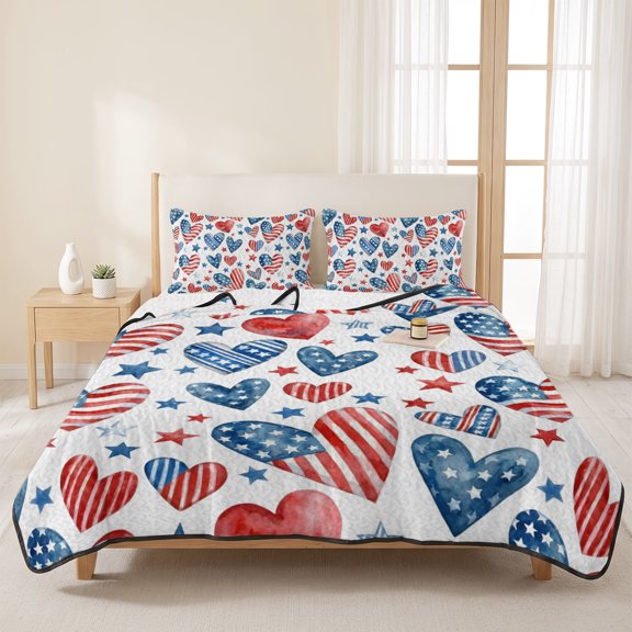 3 Piece Summer Bed Quilt Set King Size,Independence Day Love Heart Lightweight Bedspread Coverlet with 2 Pillowcases American Flag Red Blue Star Soft Comforter Bedding Quilts for All Season