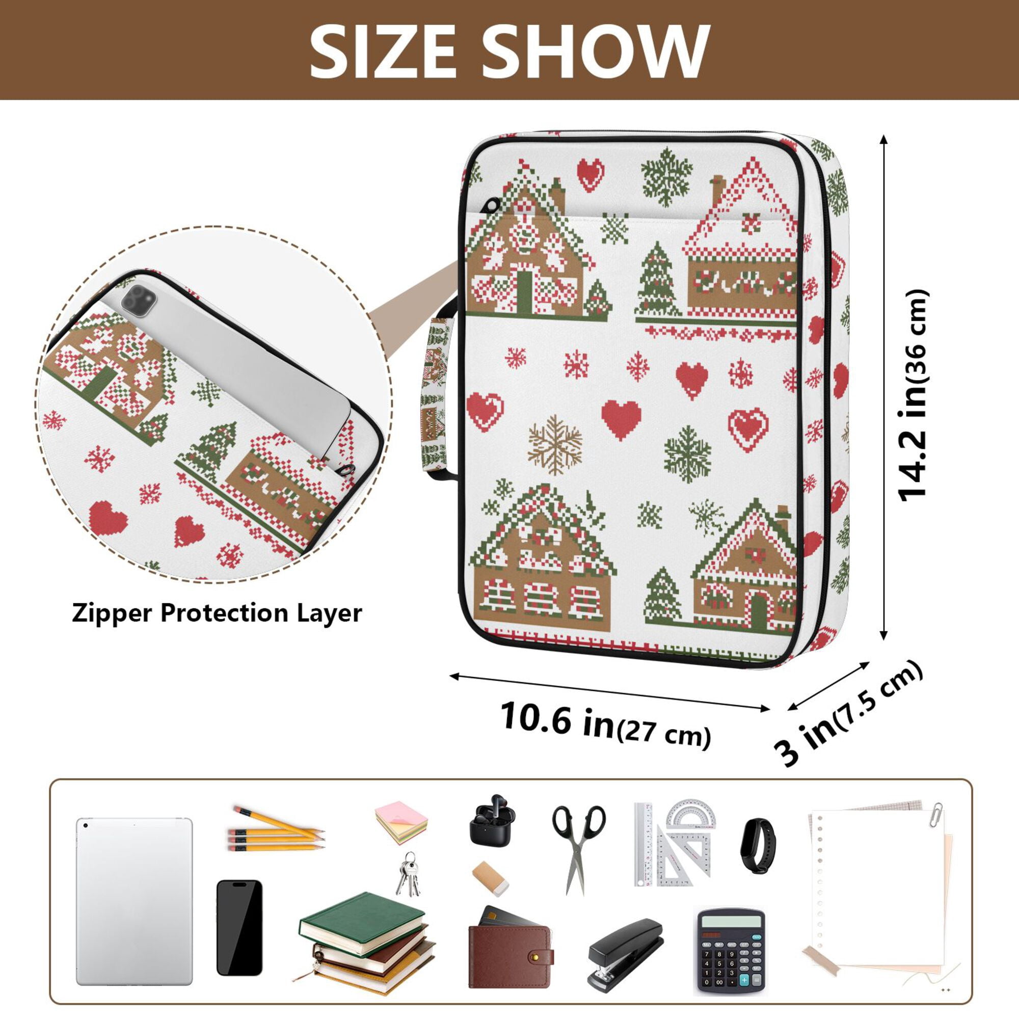 FORMRS Accordion File Folder A4 Size 7-Pocket Expanding Document Organizer Bag with 3 Ring Binder, Brown Nordic Christmas