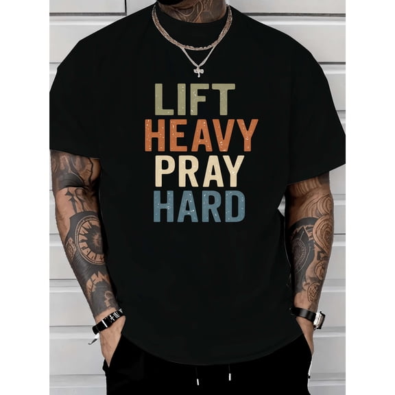 Men's Motivational "Lift Heavy Pray Hard" Colorful Graphic Comfortable T Shirt Cotton Short Sleeve Round Neck Top Black S-5XL