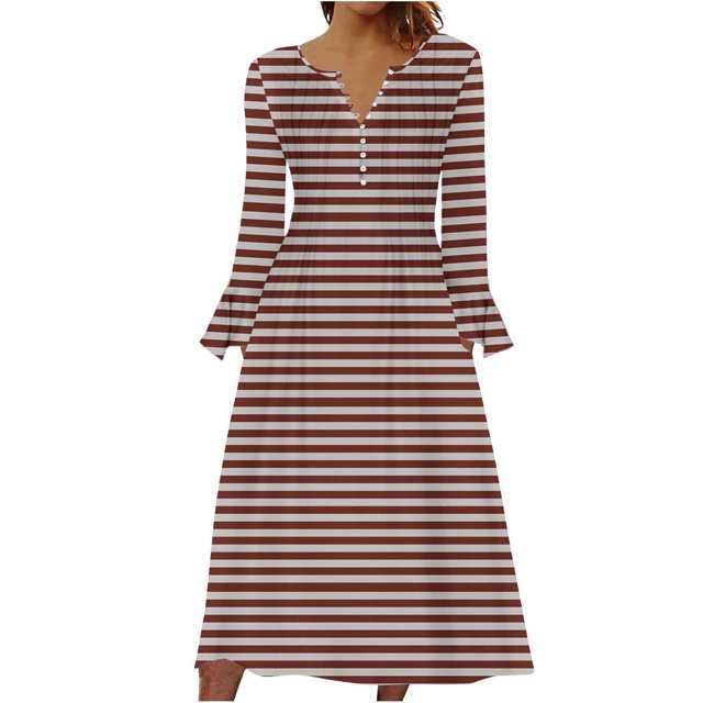 ameIAEA Women Long Bell Sleeve Dress Button Up V Neck A-Line Printed Long Dress with Pockets