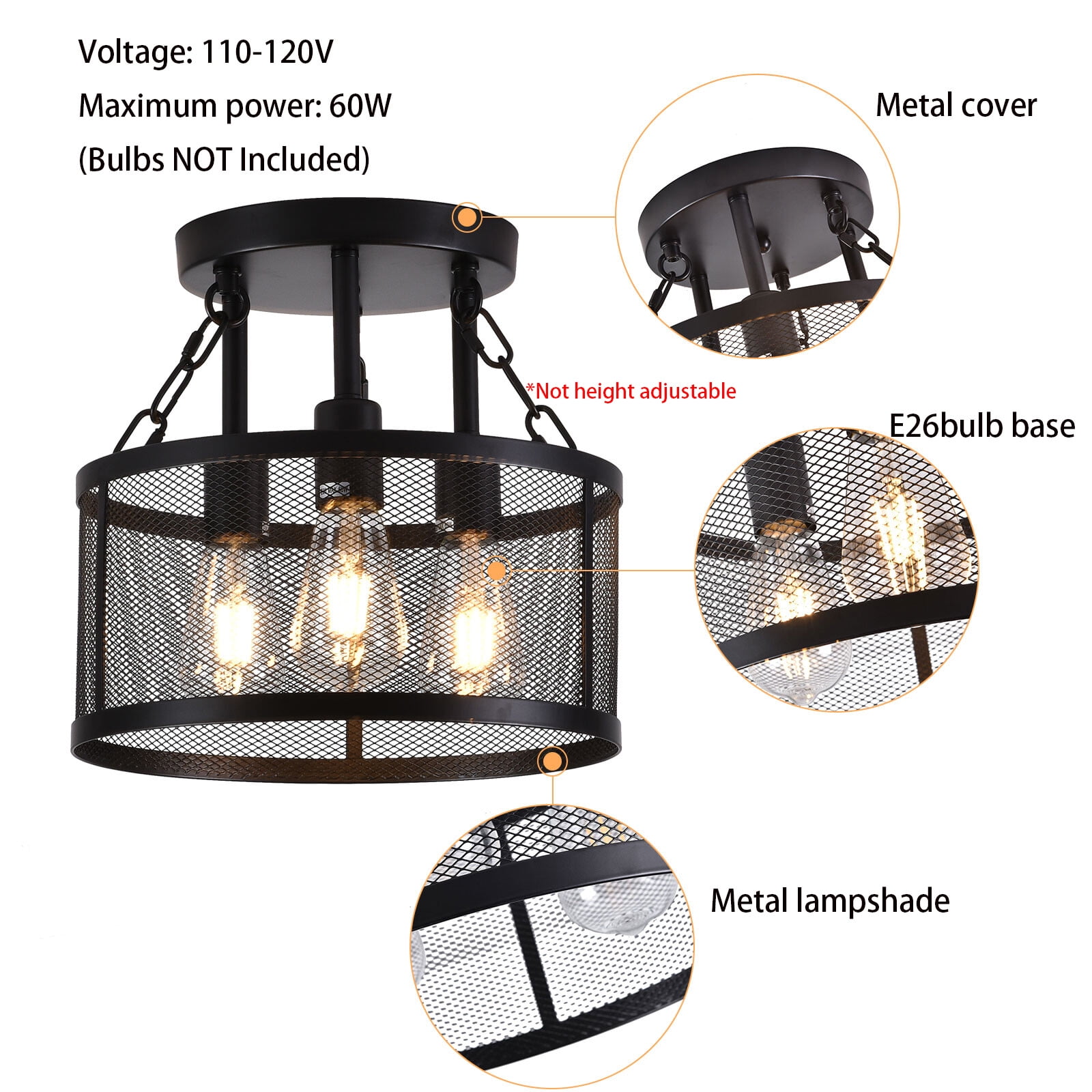 3 Light Farmhouse Loft Rustic Chandelier Pendant Ceiling Light Fixture Lamp 110-120V 60W 12.6*11in for Dining Rooms, Living Rooms, Kitchens