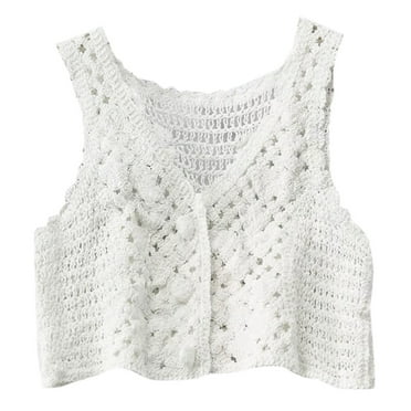 Women Crochet Knit Sleeveless Crop Top Vest Floral Lace V-Neck Button Down Waistcoat Slim Mini Cardigan Sweater for Jack