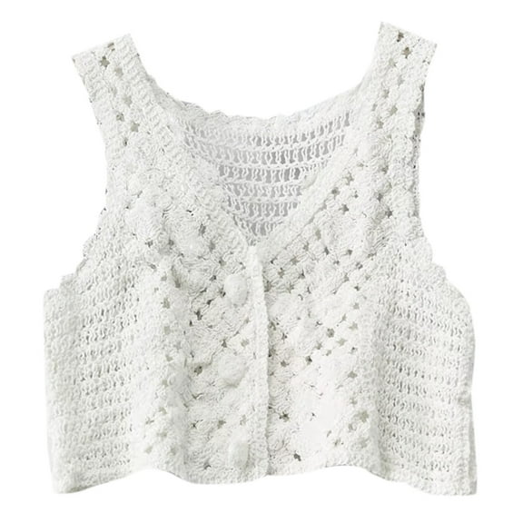 URTERYSER Women Crochet Knit Sleeveless Crop Top Vest Floral Lace Button Waistcoat for Jac White