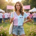 thumbnail image 6 of JULMCOMO Breast Cancer Awareness Shirts for Women I WON Pink Ribbon American Flag Gingham Cuff V Neck Graphic Tees Breast Cancer Loose Casual T Shirts Sky Blue XL, 6 of 7