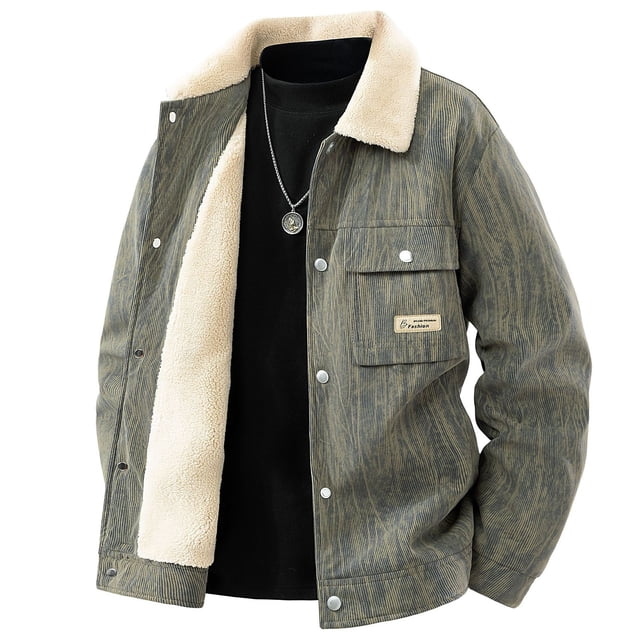 Men's Turn Down Collar Workwear Snap Button Pocket Thickened Coat, Long Sleeve Casual Jacket for Daily Outdoor Use, Polyester Material, Hand Wash Cold, Sizes M to 5XL