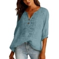 thumbnail image 4 of dgysar Womens Linen Button Blouse, 3/4 Sleeve V-Neck Casual Solid Color Lightweight Breathable Shirt Tops, Textured Natural Fabric Relaxed Fit Summer Apparel Blue S, 4 of 6