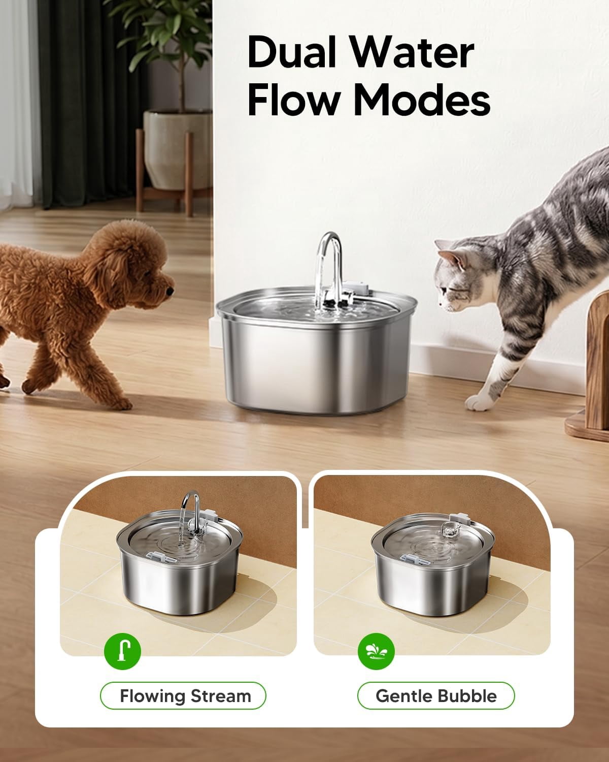 Cat Water Fountain, 3.2L/108oz Stainless Steel Pet Water Fountain for Cats Indoor, Dog Drinking Dispenser Metal Kitty Spout with 3 Filters+ 3 Sponges