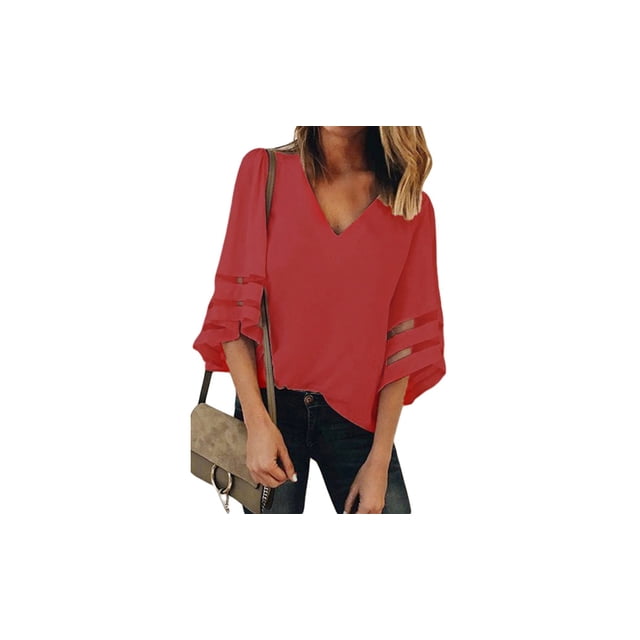 Blouse Ample à Manches Évasées Col en V Blanc/noir/rouge/bleu pour Femmes
