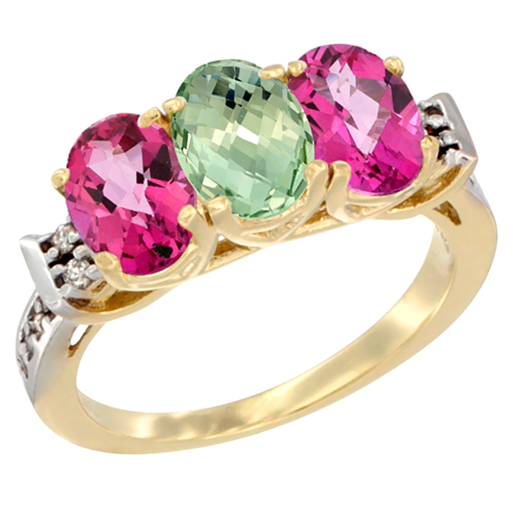 14K Yellow Gold Natural Green Amethyst & Pink Topaz Sides Ring 3-Stone 7x5 mm Oval Diamond Accent, sizes 5 10 by WorldJewels