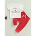 thumbnail image 3 of Valentine\'s Day Baby Outfit Summer Letter Print Short Sleeve T-shirt Stretch Casual Pants Set for Infant Girls Boys (White, 2-3 Years), 3 of 5