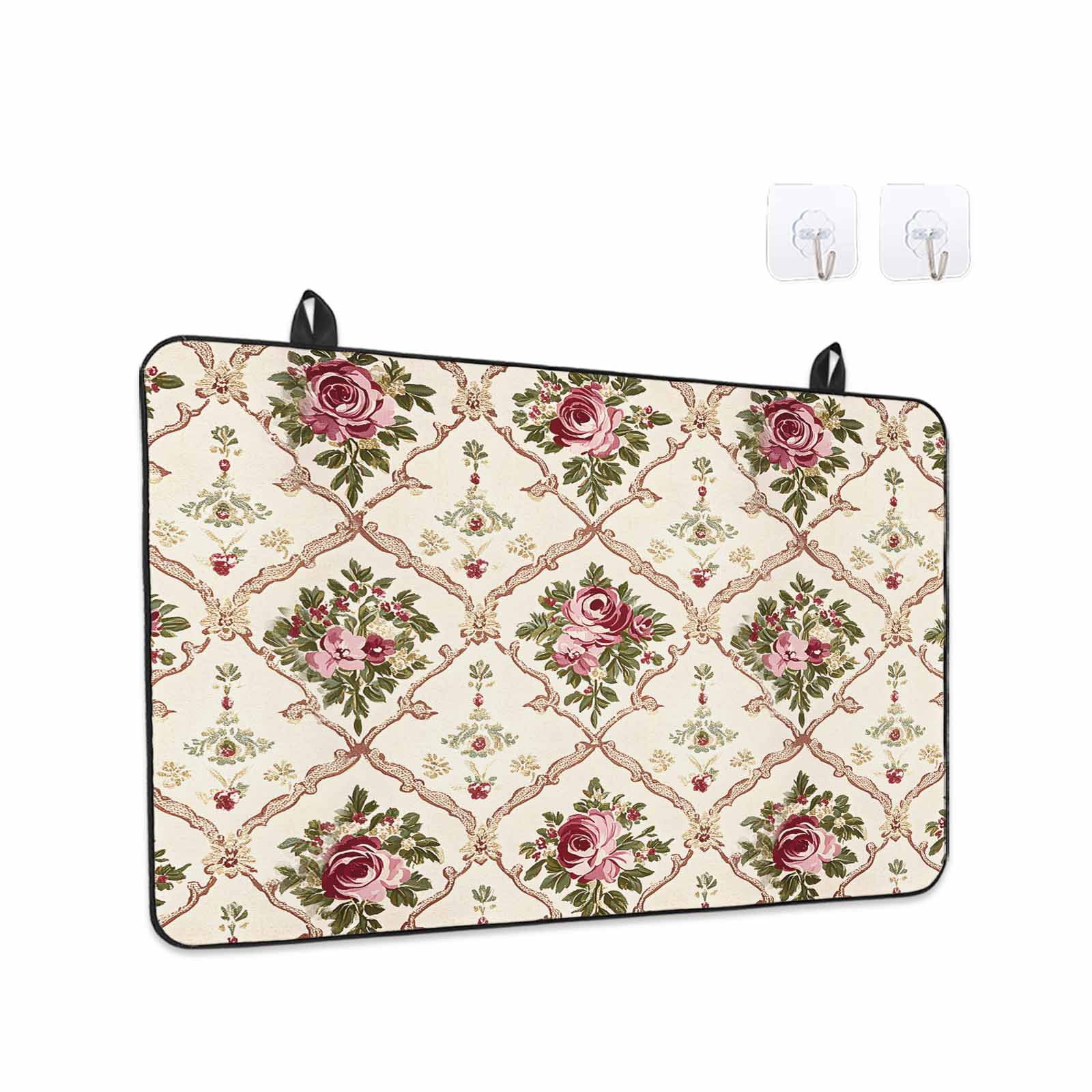 Vintage Pink Red Floral Stove Top Cover for Electric Stove, Heat-proof & Non Slip Glass Top Stove Cover Protector, Farmhouse Flower Green Leaf Kitchen Flat Cooktop Rubber Mat 24x21 Inches