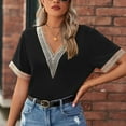 thumbnail image 2 of safuny Women's Trendy Loose Basic Tops Solid Tops Short Sleeve Tees V Neck Shirts Elegant Lace Splicing Vintage Clothing Fashion Summer Black XXL, 2 of 8