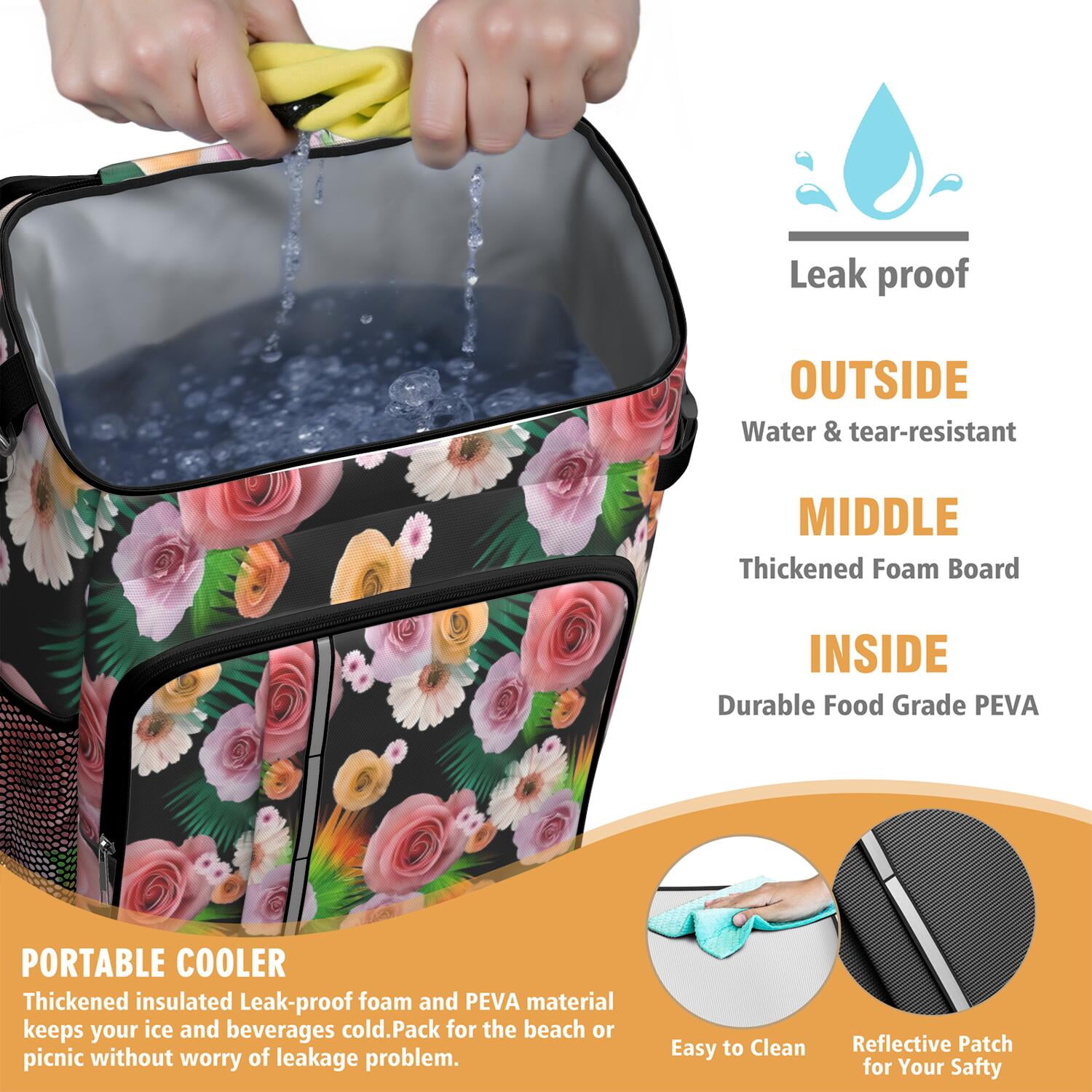 Travel Cooler Bag - Pioneer Flower Floral Print Pattern Camping Beer Cooler Backpack with Bottle Opener- Waterproof Insulated Picnic Backpacks - Cooler Bag for Beach